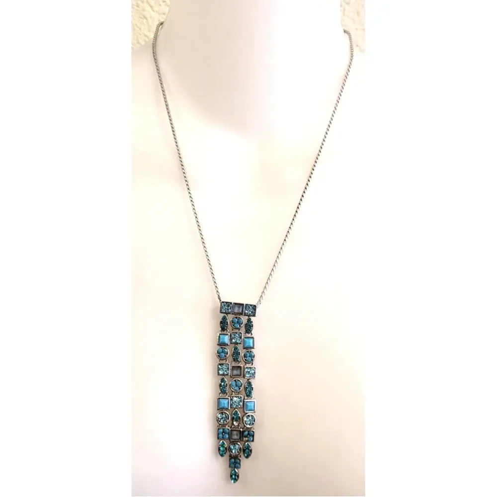 Vtg Blue Rhinestones Multi Panel Fringe Statement Pendant Necklace Silver Tone
